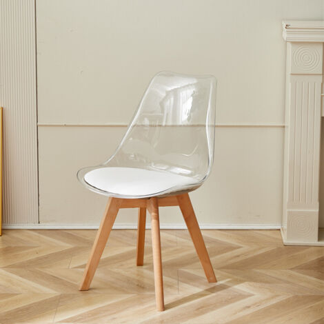 Wokaka – Lot de 4 chaises transparentes scandinaves avec coussin en cuir – Pieds en hêtre massif – Hauteur d'assise 46 cm – Pour salle à manger, réception