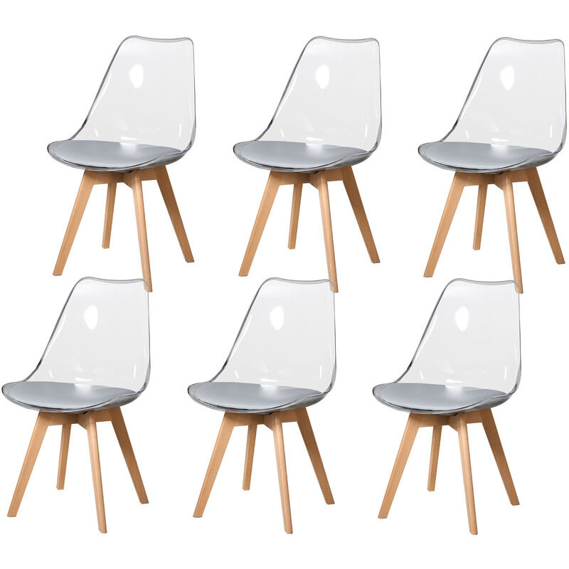 Wokaka - Lot de 6 Chaises de Salle à Manger - Scandinave - Pieds en Bois Massif - Chaises Transparente - Gris