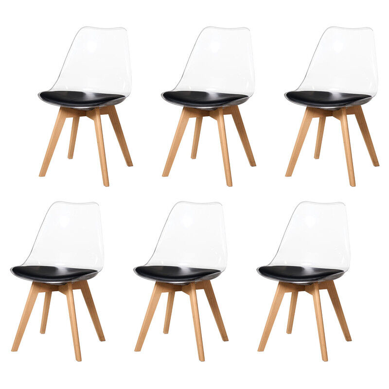 Wokaka - Lot de 6 Chaises de Salle à Manger - Scandinave - Pieds en Bois Massif - Chaises Transparente - Noirs