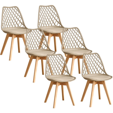 Lot De 6 Chaises De Salle à Manger En Bois Massif - Tapissier Beige Clair - Occasion