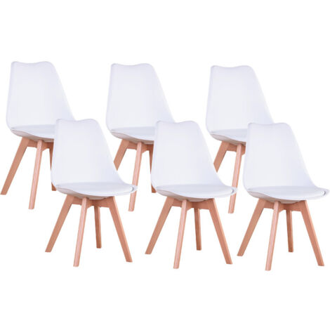 Wokaka – Lot de 6 chaises scandinaves avec coussins en cuir – Confort ergonomique pour salle à manger – Dimensions 49x42x83cm – Couleur blanche
