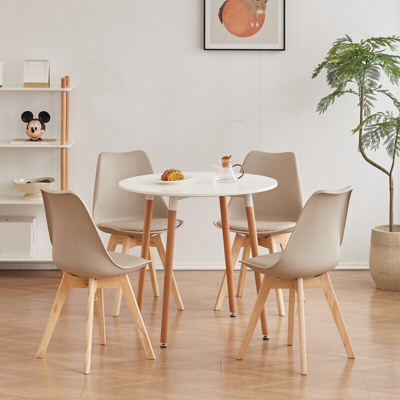 Wokaka – Table à manger ronde 80 cm blanche – Lot de 4 chaises nordiques beige – Design moderne – Capacité 100 kg – Dimensions 80x56x75 cm