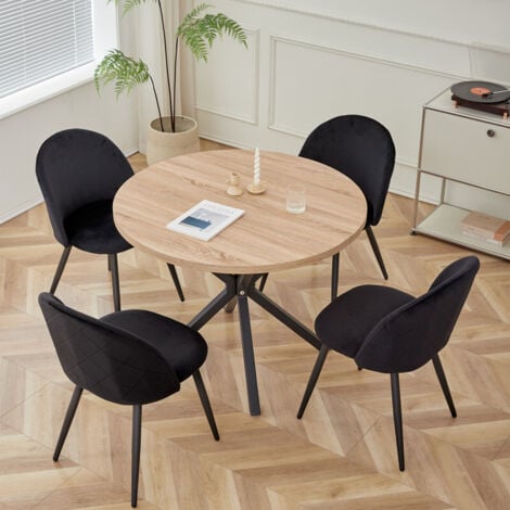 Wokaka Lot Table et Chaises à Manger -Table Ronde 100cm (grain de bois clair) - Chaises de Salle à Manger en Velours - 4 Chaises (noir)