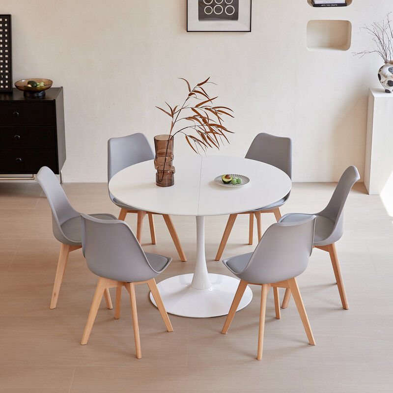 Wokaka - Lot Table et Chaises de Dalle à Manger - Table Moderne 110 cm Blanc - Chaises Gris - 6 Chaises