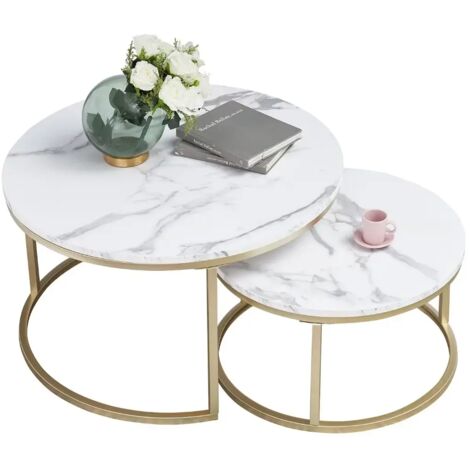 WOKAKA Table Basse Ronde Table Gigogne 2 Pièces Table d'Appoint, Bois Marbré et Pieds en Métal (Φ6040cm)