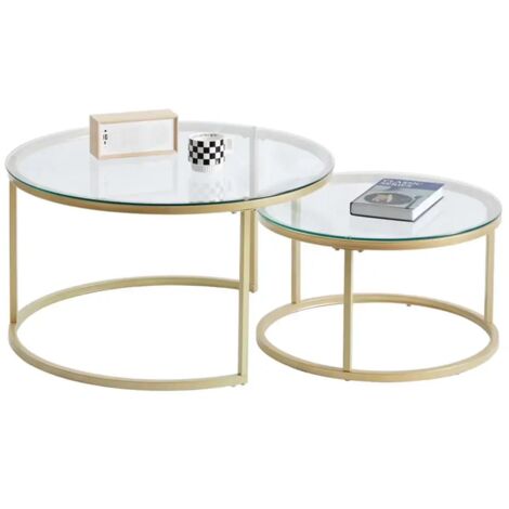 Wokaka Table basse scandinave table gigogne table d'appoint 2 pièces avec surface en verre et pieds en métal, ronde(Φ6040cm)