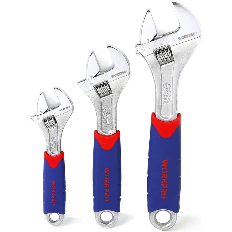 Wokrpro Jeu de Clés à Molette en Cr-V 150, 200, 250 mm avec Grande Ouverture 19, 24, 28mm 3 Pièces