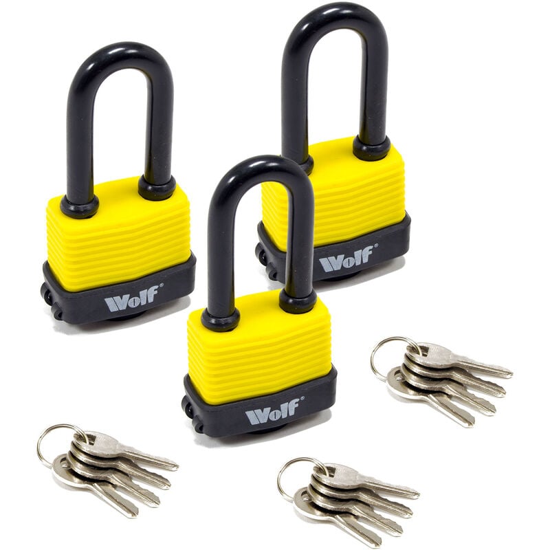 Heavy Duty 50mm Padlock with Long Shackle - Pack of 3 - Wolf