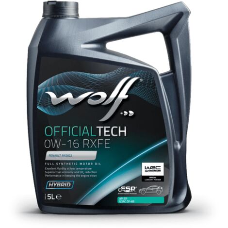 WOLF - Huile moteur OFFICIALTECH 0W-16 RXFE - Bidon de 5 litres - 1054006 - Ce produit de marque WOLF est neuf.