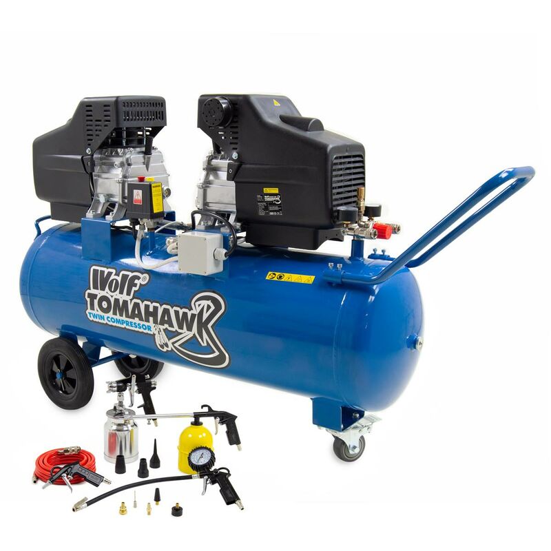 Wolf - Air Compressor Tomahawk 100L, 19.2 cfm, 2 x 2.5HP & 13pc Pro Air Tool Kit