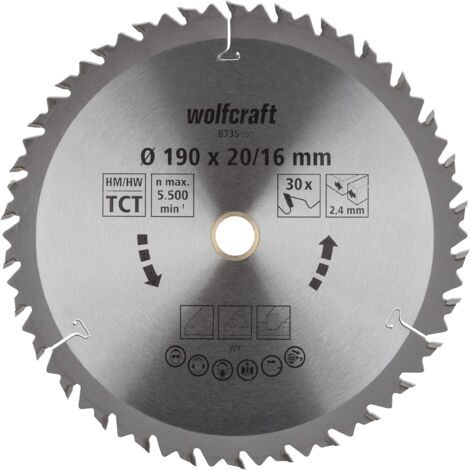 Wolfcraft 6735000 Lama circolare in metallo duro 190 x 16 mm Numero di denti: 30 1 pz.