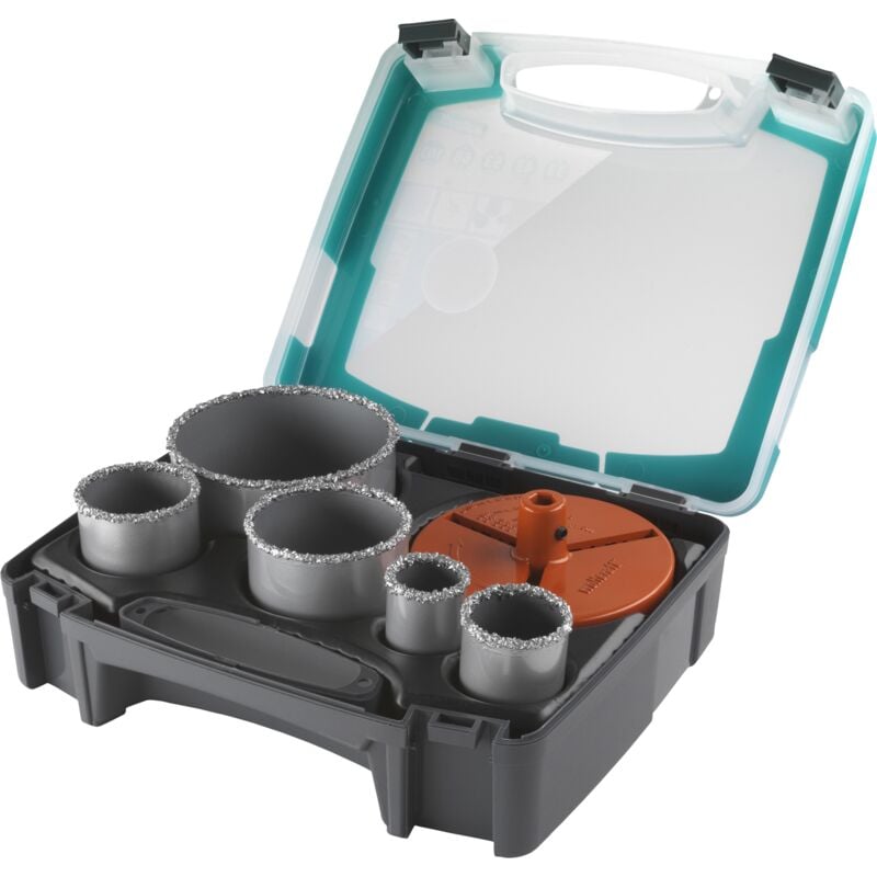 Wolfcraft - Coffret de Trépans Multi-Lames - Diamètre 33, 43, 53, 68, 103 - Profondeur de coupe 55 mm, Foret Centreur - réf. 5424000