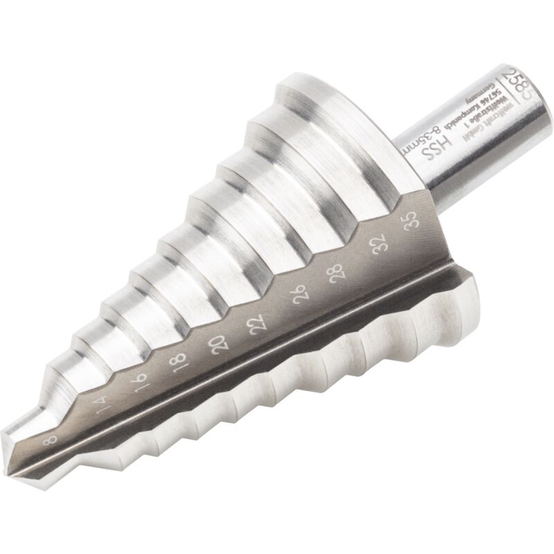 wolfcraft - Fraise Etagée HSS avec Pointe d'amorçage - Diamètre 8-35 mm, Queue de 10 mm, Longueur Utile 52,5 mm - réf. 2585000