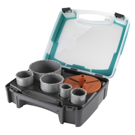 wolfcraft I Bohrkroneneinsatz-Set I 5424000 I hartmetallbestreut, Ø 33–103 mm, Schnitttiefe 55 mm, 7-tlg., für Mauerwerk und Stein I Bohrkrone