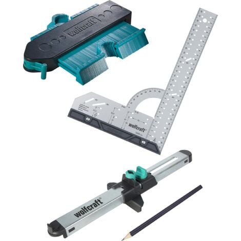 wolfcraft I Geling-Set „Laminat- und Designboden einpassen“ I 6976000 I Komplettset aus Universalwinkel, Konturenlehre und Laminateinpasser