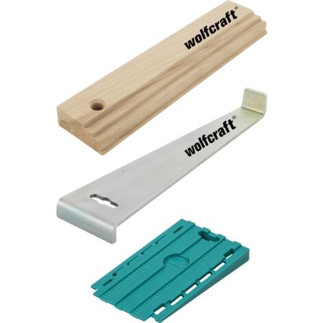 wolfcraft I Geling-Set „Laminat- und Designboden verlegen“ I 6975000 I fugenfreies Ausrichten von Parkett- u. Laminatdielen, bestehend aus Zugeisen, Schlagholz und 30Universalkeilen I Laminat verlegen