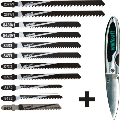 wolfcraft I Stichsägeblätter-Set mit Taschenmesser I 2377000 I T-Schaft, Allround-Set für den Innenausbau, 12-tlg. I Sägeblatt
