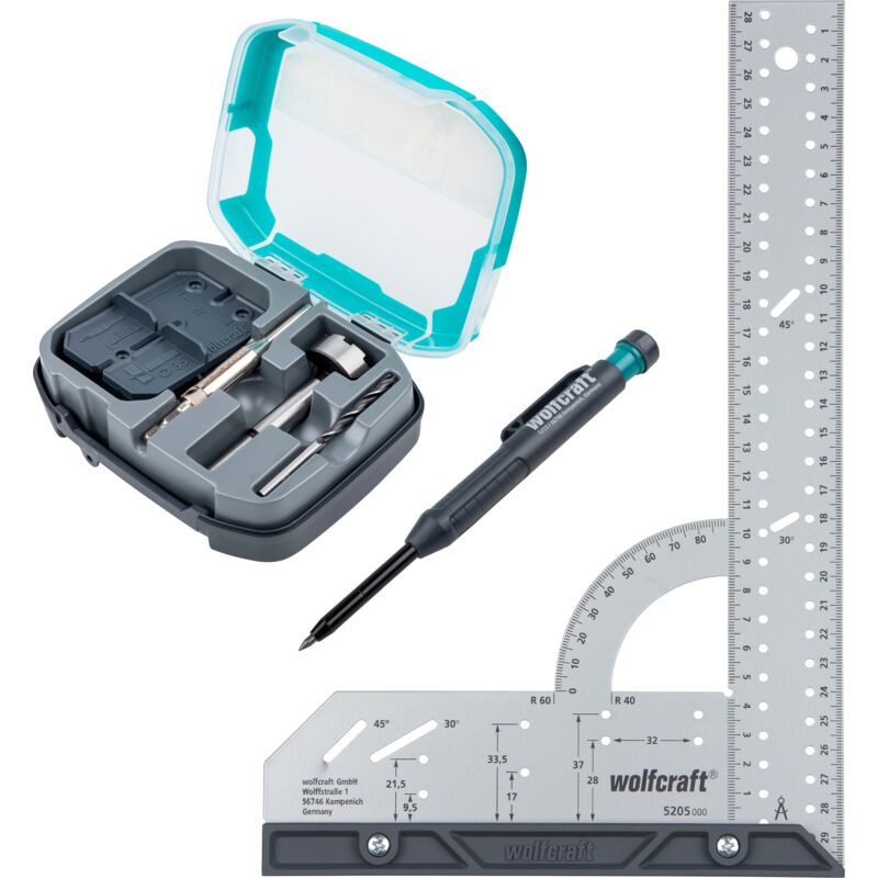 Wolfcraft - Kit Coffret de Montage de Charnière Diam. 35 mm, Équerre de Menuisier Multifonction 300 mm et Crayon de Chantier - réf. 8656000