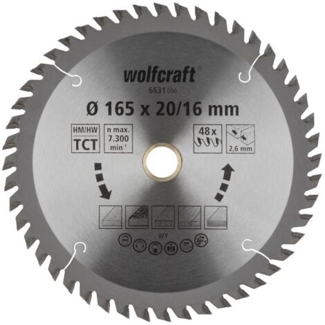Wolfcraft Kreissägeblatt 165 x 20/16 mm 48 Zähne Hartmetall Kreissägeblatt