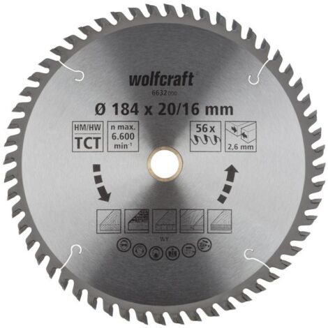 Wolfcraft Kreissägeblatt 184 x 20/16 mm 56 Zähne Hartmetall Kreissägeblatt