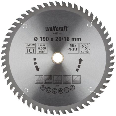 Wolfcraft Kreissägeblatt 190 x 20/16 mm 56 Zähne Hartmetall Kreissägeblatt