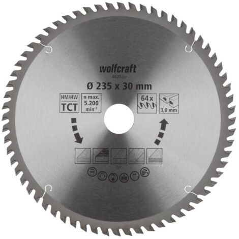 Wolfcraft Kreissägeblatt 235 x 30 mm 64 Zähne Hartmetall Kreissägeblatt