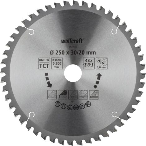 Wolfcraft Kreissägeblatt Ø 250 mm Bohrung Ø 30 mm 48 Zähne Kreissägeblatt