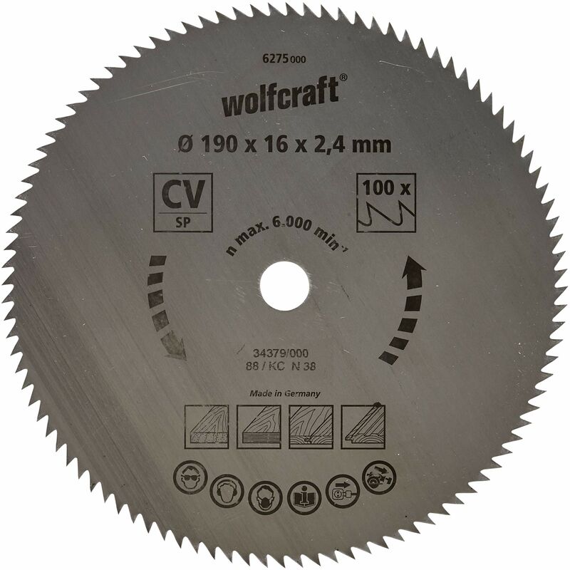 Image of Wolfcraft 6275000 - Lama per sega circolare in acciaio al cromo-vanadio, con 100 denti, 190 x 16 x 2,4 mm, serie Blu
