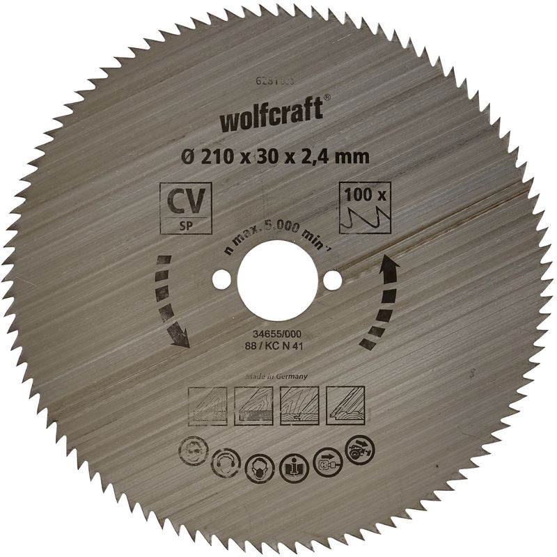Image of Wolfcraft 6281000 - Lama per sega circolare in acciaio al cromo-vanadio, con 100 denti, 210 x 30 x 2,4 mm, serie Blu