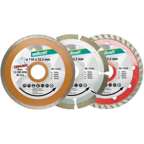 WOLFCRAFT - SET DI 3 DISCHI DA TAGLIO DIAMANTATI DN. 110 MM. TURBO / UNIVERSALE / PIASTRELLE 8392000