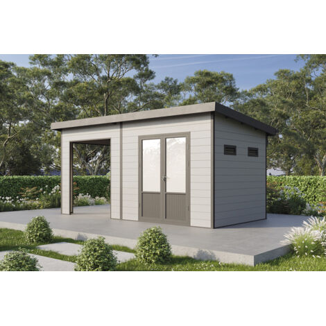 Wolff Finnhaus WPC Gerätehaus Tona 5024 28 Hellgrau Gerätehaus aus Holz/Kunststoff in Hellgrau, Geräteschrank mit 28 mm Wandstärke inklusive Schleppdach Gartenhaus