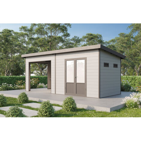 Wolff Finnhaus WPC Gerätehaus Tona 6024 28 Hellgrau Gerätehaus aus Holz/Kunststoff in Hellgrau, Geräteschrank mit 28 mm Wandstärke inklusive Schleppdach Gartenhaus
