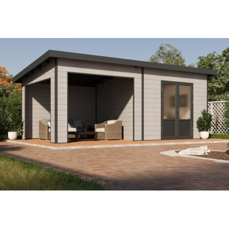 Wolff Finnhaus WPC Gerätehaus Tona 6030 28 Hellgrau Gerätehaus aus Holz/Kunststoff in Hellgrau, Geräteschrank mit 28 mm Wandstärke inklusive Schleppdach Gartenhaus