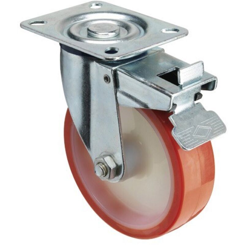 Roue Industrielle Plaque Polyuréthane avec frein 100 mm.