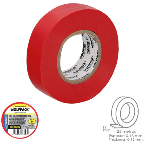 WOLFPACK LINEA PROFESIONAL 14063125 Profesional Roja Espesor 0.13 mm. Ancho 19 mm. Rollo 25 Metros Electricista, Cinta Aislante Cables, Rojo