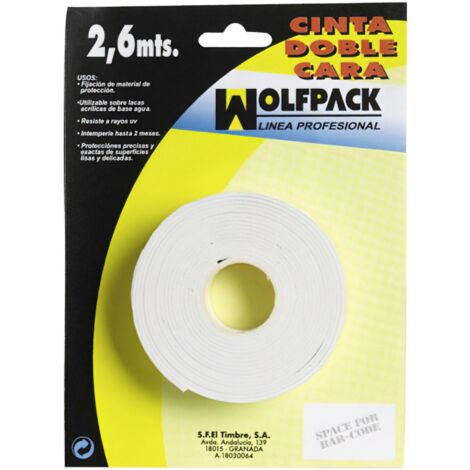 WOLFPACK LINEA PROFESIONAL cinta doble cara 2,6 m. x 18 mm. , Cinta doble cara 2,6 m. x 18 mm.- Largo x ancho: 2.6 metros x 18 mm.- Las piezas a unir deben estar secas,
