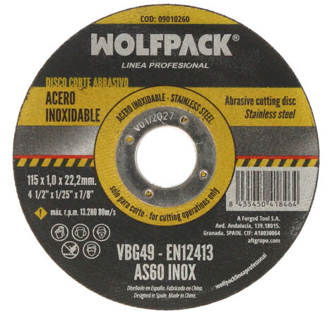 WOLFPACK LINEA PROFESIONAL Disco da taglio abrasivo in acciaio inox Ø 115x Ø 22,2 mm Spessore 1,0 mm. Disco radiale/di rettifica Universale