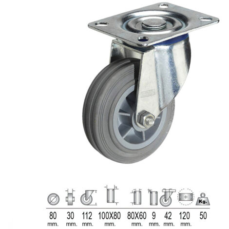 WOLFPACK LINEA PROFESIONAL rueda industrial goma gris placa  80mm