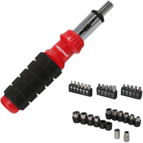 WOLFPACK LINEA PROFESIONAL Set di cacciaviti a cricchetto con 29 pezzi (12 prese e 16 punte)