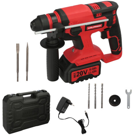 WOLFPACK LINEA PROFESSIONAL Martello SDS PLUS A Bateria 20 Volt. Con batteria 4,0 Ah. 1,400 CV 3 funzioni Scalpello, trapano e martello perforatore