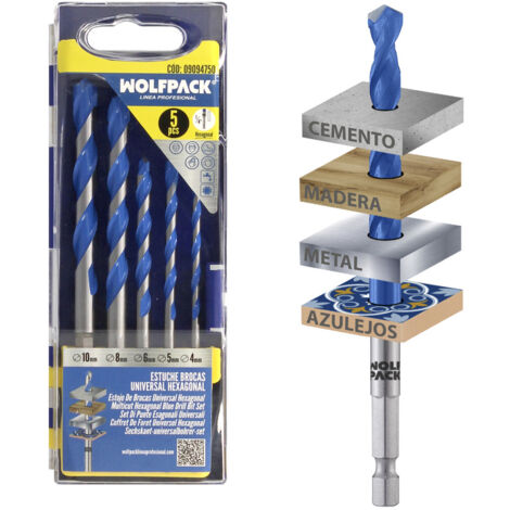 WOLFPACK LINEA PROFESSIONAL Set di 5 punte Universal Esagonale Ø 4/5 / 6/8 10 mm. Punta da trapano per piastrelle, ceramica, marmo, cemento, metallo, legno, plastica.