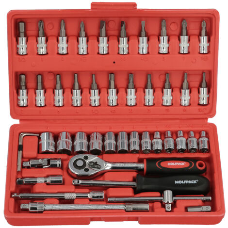 WOLFPACK LINEA PROFESSIONAL - Set di chiavi a bussola De 1/4" 46 pezzi. Con adattatore. Cromo vanadio, set di chiavi combinate, set di cricchetti, set di chiavi a bussola.