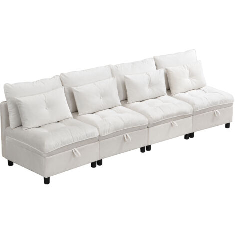 [Wolken-Modulsofa]4-Sitzer modulares trennbares Sofaset:Frei kombinierbar+Stauraum unter allen Sitzkissen+Schlaffunktion+Chenille-Bezug,Freie Raumgestaltung mit Wohnzimmer-Sofabett-Kombinatio