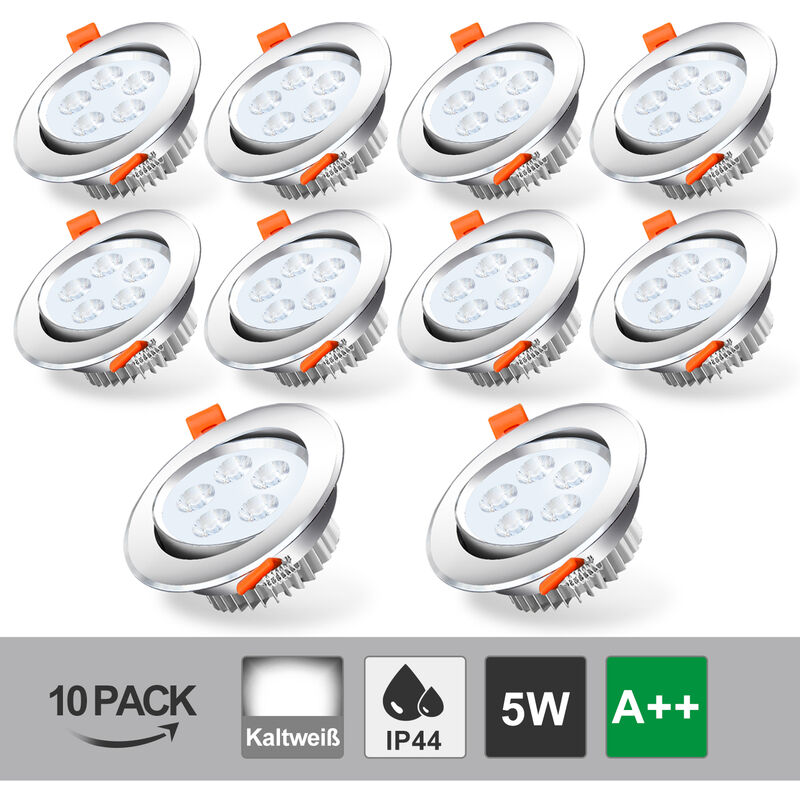 10X LED Einbaustrahler Spot Set Kaltweiß 7W Einbauleuchte Deckenleuchte Strahler IP44 5W - Wolketon