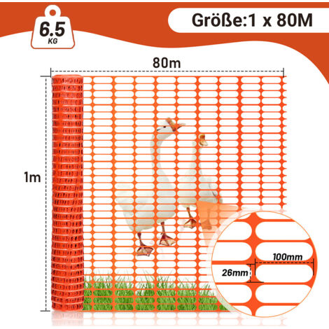 Wolketon 1x80m Absperrzaun Bauzaun Warnnetz orange,Sicherheitszaun mobiles Netz, Kunststoff Fangzaun, Zaun flexibel Mobiler Zaun Hühnerzaun Geflügelzaun