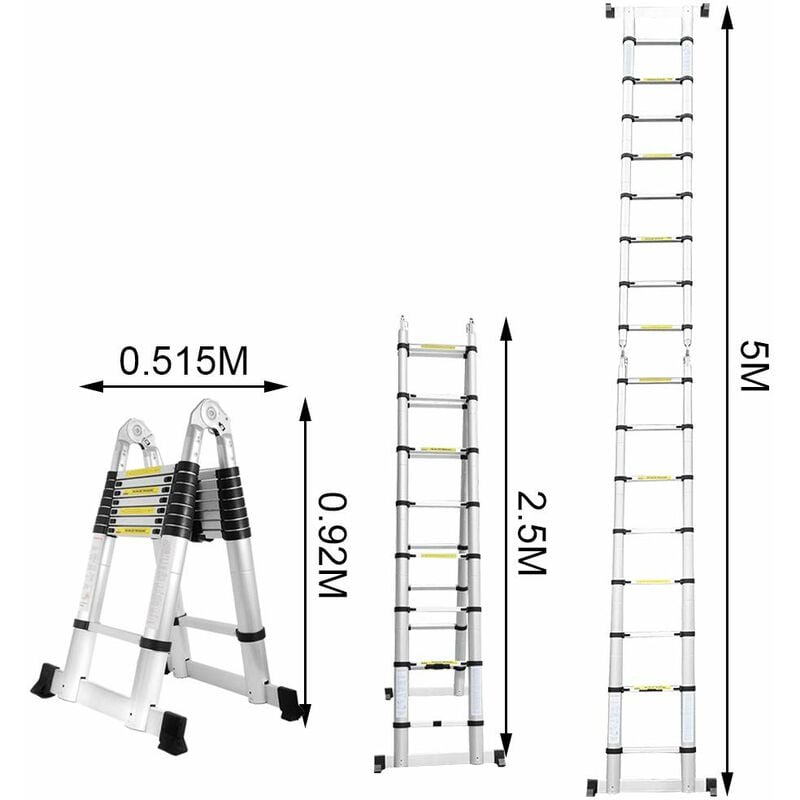 Image of Wolketon - vingo 5M Teleskopleiter, Ausziehbare Leiter Rutschfester, Aluminium Klappleiter Stehleiter, Ausziehleiter Mehrzweckleiter, 150