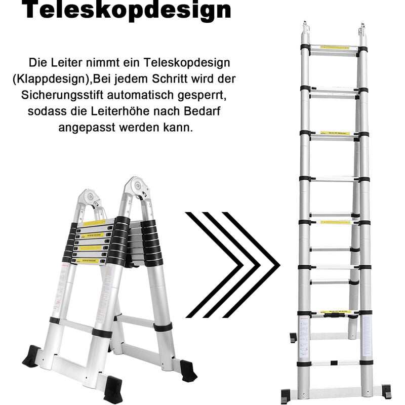 Image of Wolketon - vingo 5M(2.5+2.5M) Alu Teleskop Klappleiter, Groosse Anwendbarkeit Multifunktionsleiter, Klappbar Leiter, 150 Belastbarkeit Leiter für