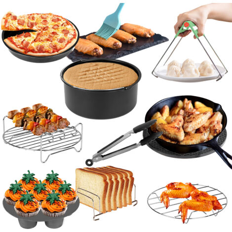 Wolketon Accessoires pour friteuse à air chaud, set de 12 pièces, support pour friteuse à air chaud, 100 feuilles de papier, brosse en silicone,7 pouces