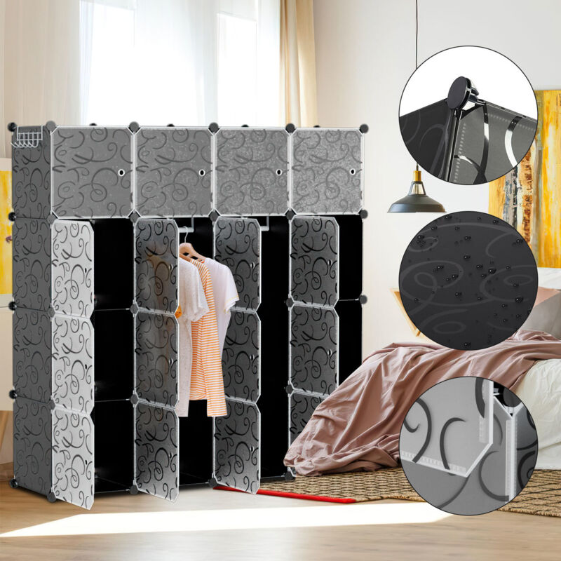 Wolketon Armoire Penderie Étagère de Rangement Meuble Système d'étagères avec Porte pour Vêtements Chaussures Jouets Accessoires - 16 Cubes