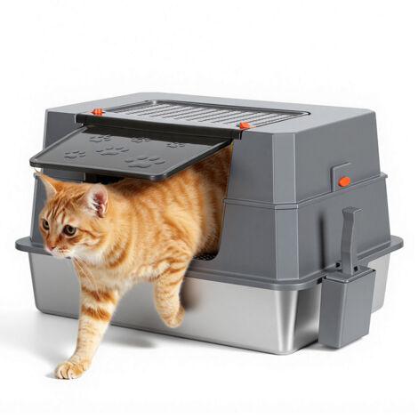 Wolketon Bac a litiere chat XXL en acier inoxydable avec couvercle 70x50x43 cm bords hauts pour grands chats
